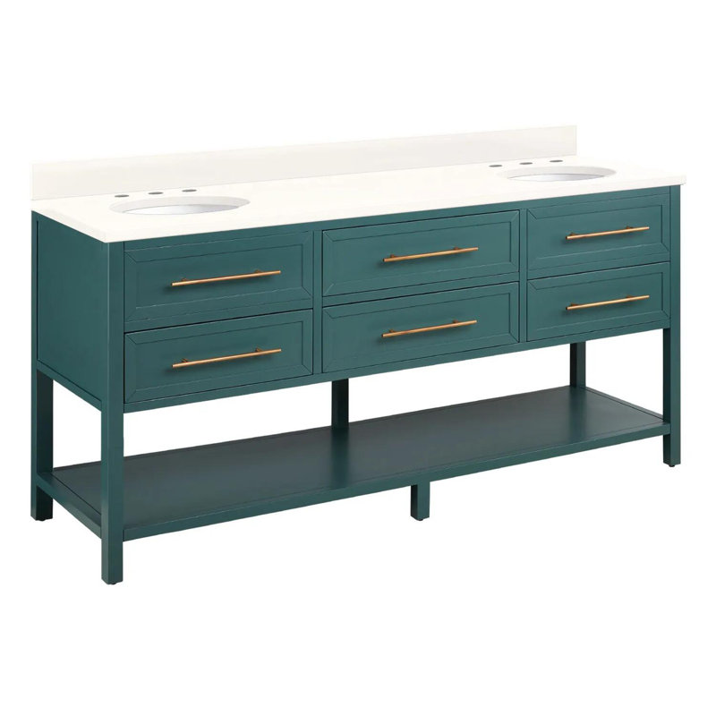 72" Robertson Double Bathroom Vanity Set with Oval Undermount Sinks, White, Arctic White Quartz, 8" Widespread