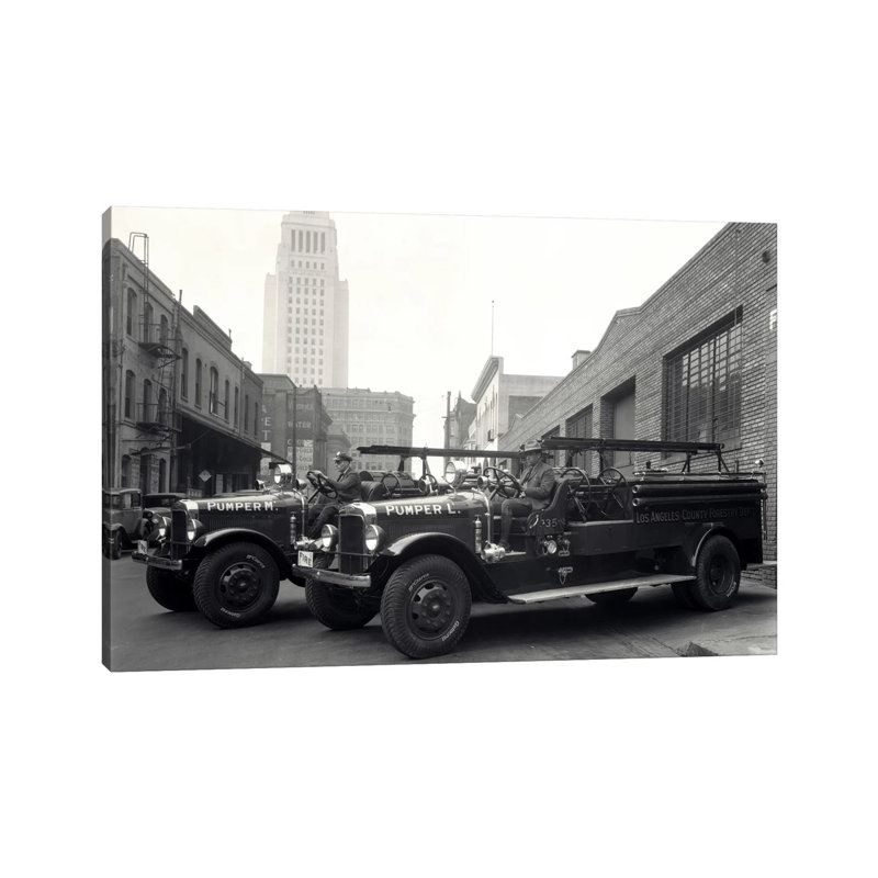 1920s-1930s Two Fire Trucks with Los Angeles City Hall California USA in Background 1 Piece Wrapped Canvas Wall Art