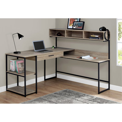 Table d'ordinateur contemporaine en L avec rangement, stratifié taupe et base en métal noir, pour bureau à domicile, rangement inclus,
