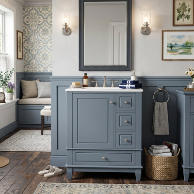 Meuble-lavabo moderne 24 po avec lavabo et tiroirs, armoire de rangement en bois massif (noir / blanc / bleu / vert)
