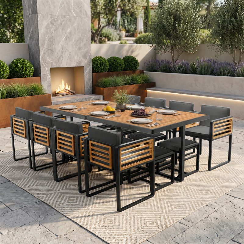18-Pieces Premium Acacia Wood Patio Dining Set With Cushions, Gray