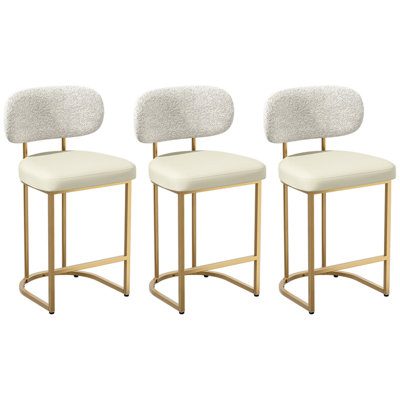 Ensemble de 3 tabourets de bar à hauteur de comptoir, tabourets de bar à dossier arrondi et structure en métal doré, tabourets d'îlot de cuisine modernes avec repose-pieds pour salle à manger, bar pour le petit déjeuner, beige