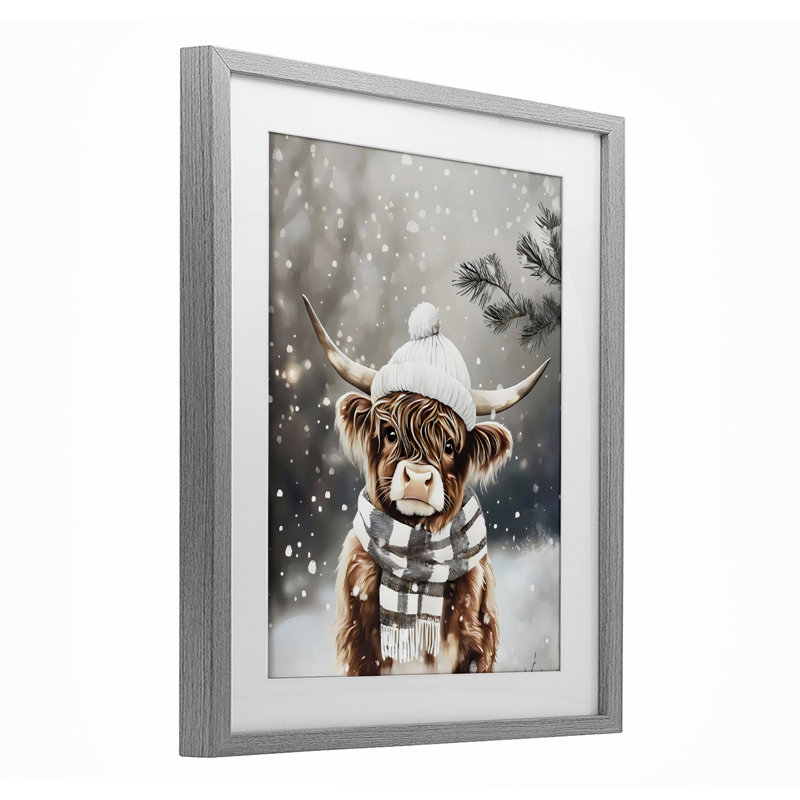 Cozy Winter Highland Calf, reproduction encadrée sous verre, design par Arlington Prints, H 21 po x l 17 po