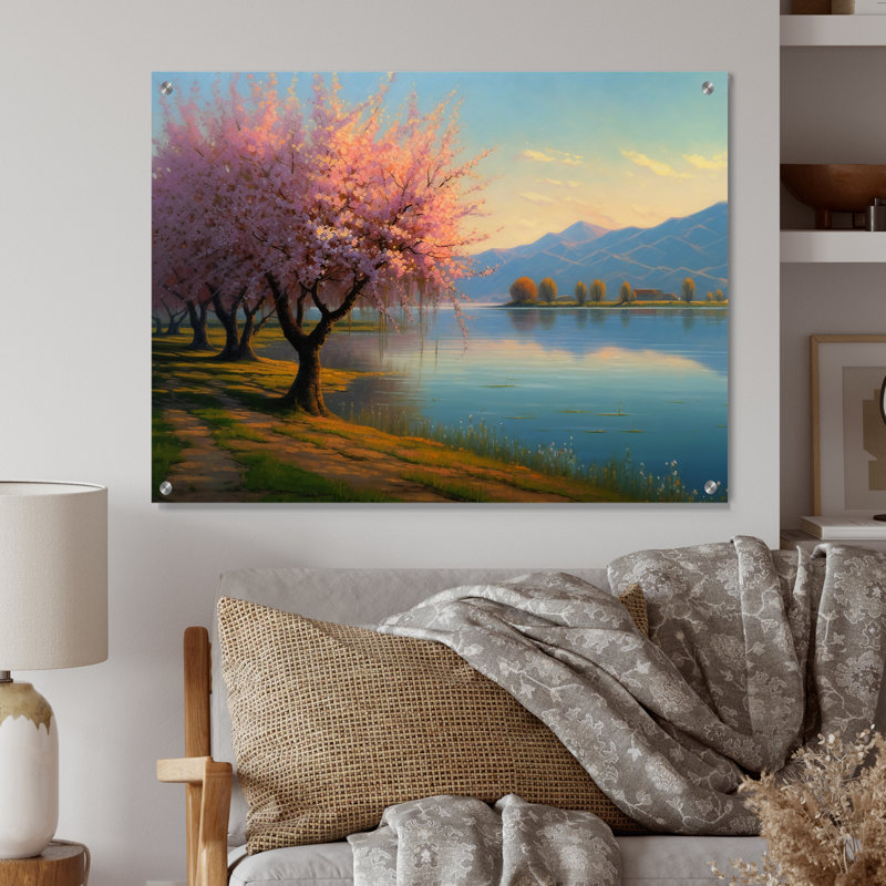 Cerisiers en fleurs au bord de l'eau II - arbre, décoration murale acrylique, H 12 po x l 20 po