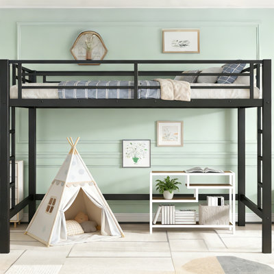Metal Loft Bed With Dual Ladders And Guardrails, Queen, White