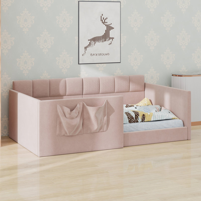 Daybed with Velvet Upholstery, High Side Panels, Side Access and Storage Pockets, Twin, Pink