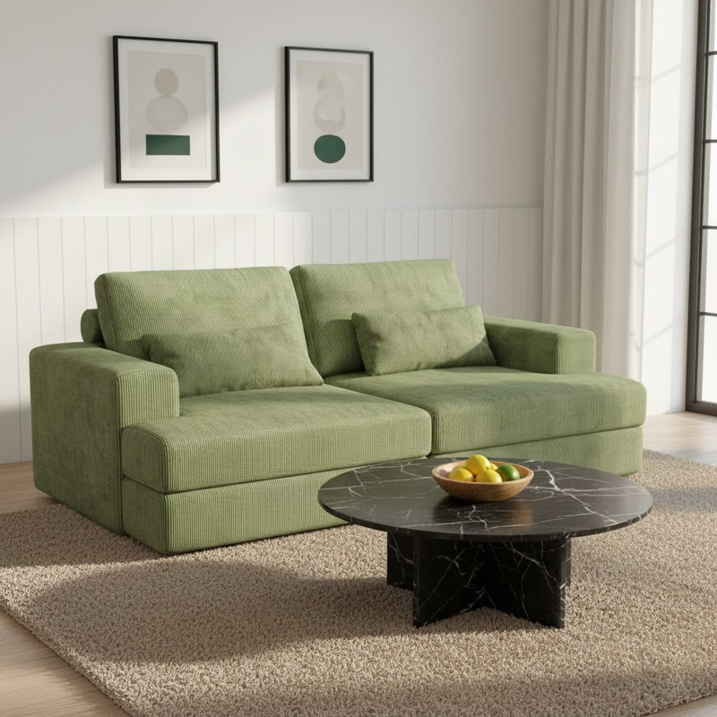 Boneless 93" Upholstered Square Arm Deep Seating Sleeper Sofa, Green