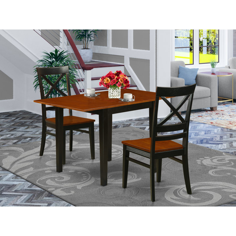 3 Piece Dining Room Furniture Set Contains a Rectangle Dining Table with Dropleaf and 2 Wood Seat Chairs, Black & Cherry