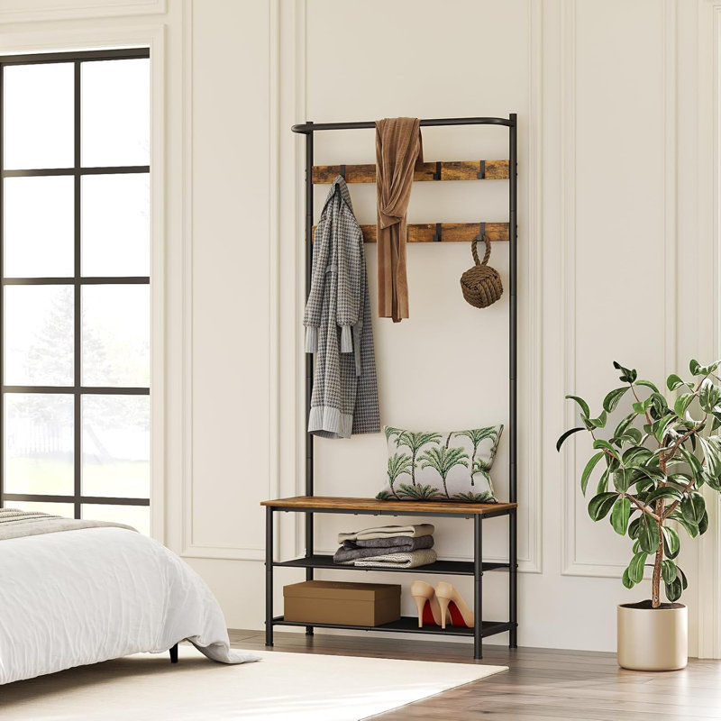 Hall Tree, Coat Rack With Shoe Bench, 4-In-1 Entryway Bench With Storage Shelves, Hanging Rod And 8 Movable Hooks, Hall Tree With Storage Bench For Hallway
