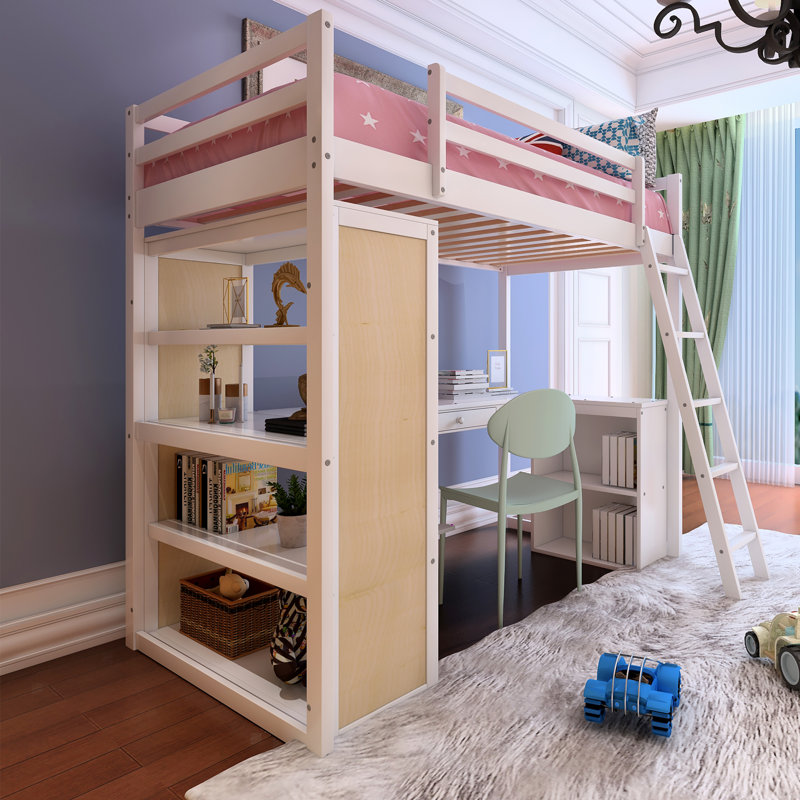 Graecen Kids Loft Bed with Drawers, Full, White