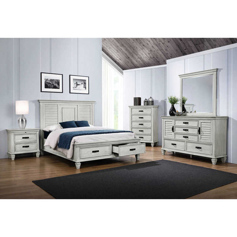 Très grand lit oriental blanc vieilli avec 2 tiroirs, glissières à fermeture douce et style inspiré de la mission pour le rangement de la plateforme de chambre à coucher blanc, bois brossé, glissières de tiroir