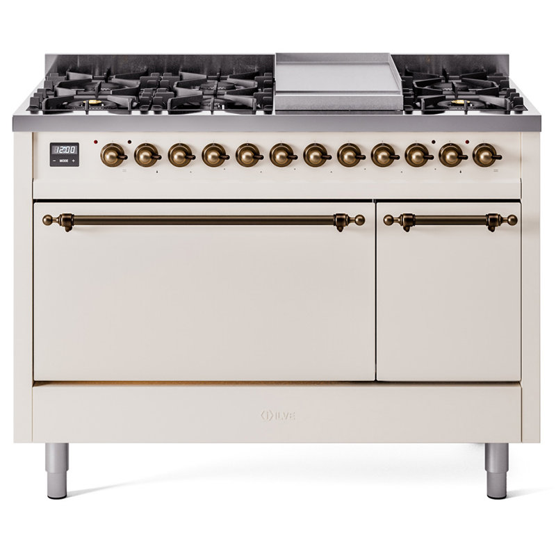 ILVE Nostalgie II, cuisinière à double combustible de 48 po, 8 brûleurs, plaque chauffante, Propane liquide, Blanc / Cuivre