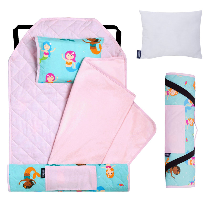 Wildkin Modern Kids Nap Mat – Soft Cotton Blend with Pillow & Elastic Straps for School & Travel - Mermaids, Mermaids