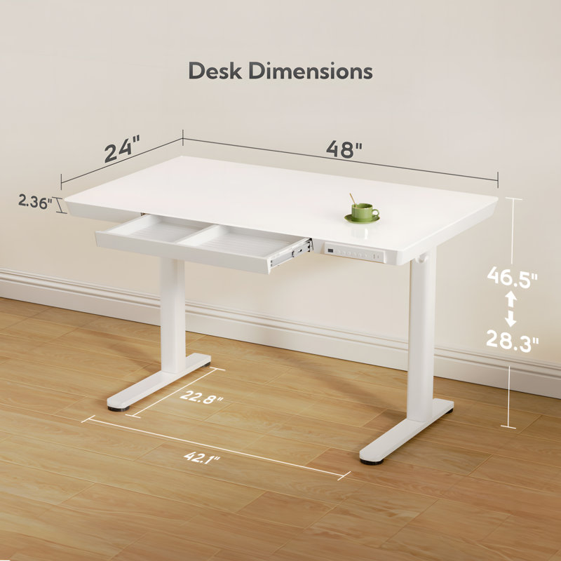 Seila Glass Top Height Adjustable Standing Desk, Computer Desk with Drawer, USB Port and Type-C Port, 46.5" H x 48" W x 24" D
