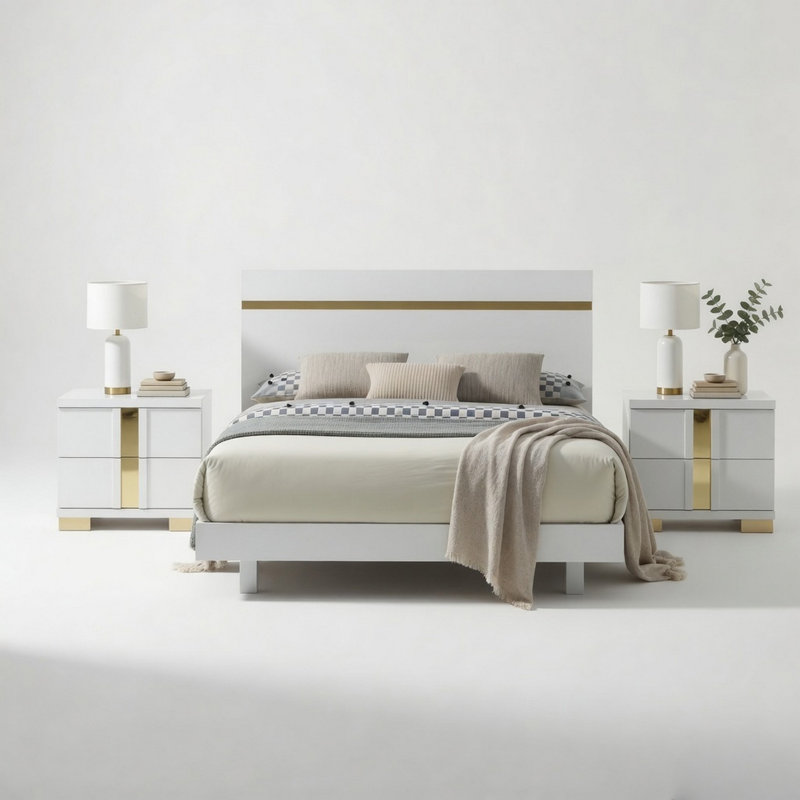 Ensemble de chambre pour grand lit, blanc, bois doré, ensemble de 3 pièces avec 2 tables de chevet, White/Gold