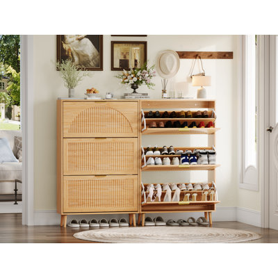 24 Pairs Shoe Storage Cabinet with 3 Flip Drawers and Adjustable Shelf, Freestanding Wood Shoe Organizer with Fluted Panel for Entryway, Hallway, Living Room (Set of 2）