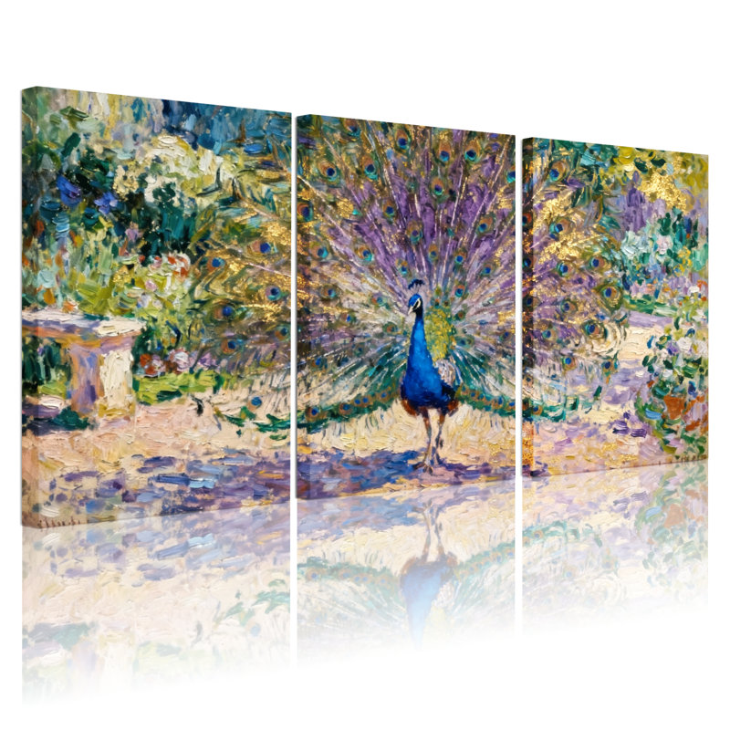 «Birds Peacock Garden», ensemble de 3 impressions sur toile, H 24 po x l 48 po