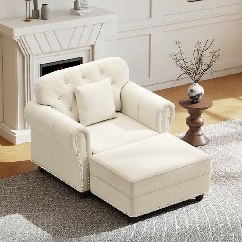 Canapé en velours avec repose-pieds 53,5 po Chesterfield, Beige
