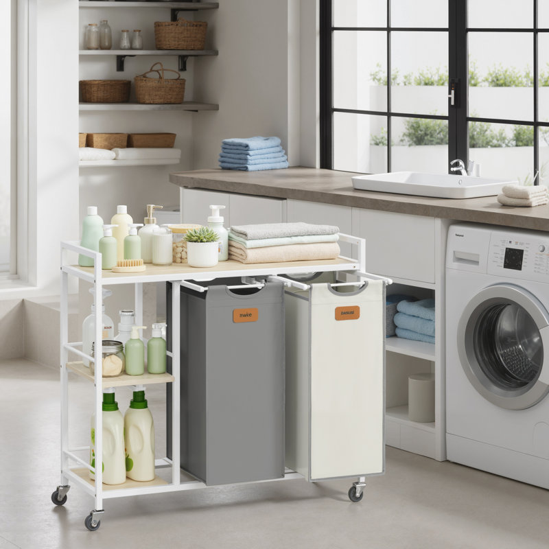 Metal Rolling Laundry Basket with Handles, Natural Beige/Dove Grey/Cream White