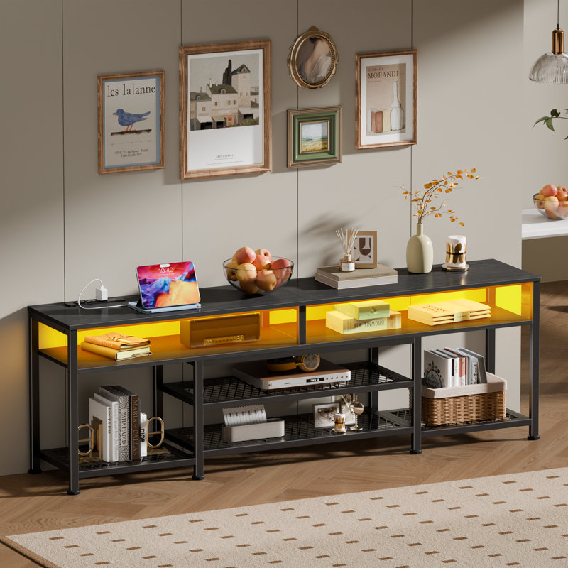 Meuble télé moderne pour téléviseur, console multimédia avec rangement pour le salon, centre de divertissement à DEL avec prises de courant