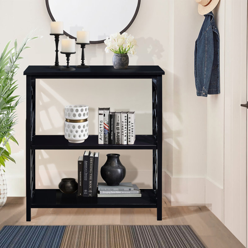 Console Table 3-Tier With Storage Shelves,Open Bookshelf Bookcase With Solid Wood Legs, Black