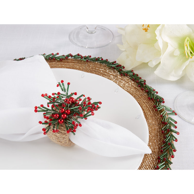 Festive Beaded Holiday Napkin Rings with Red Berries, Set of 4