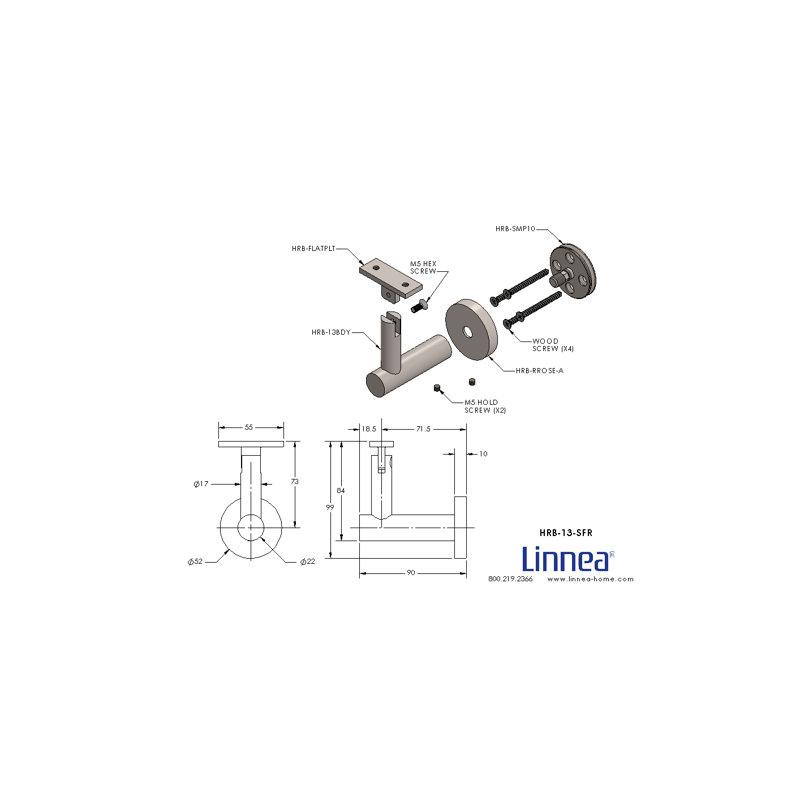 Surface Mount Handrail Bracket with Round Rose and Flat Plate, Satin Stainless Steel