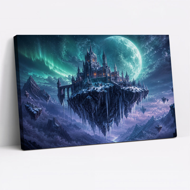 " Floating Castle On Snowy Island Under Giant Moon Halloween " Painting Print, H 12 po x l 18 po