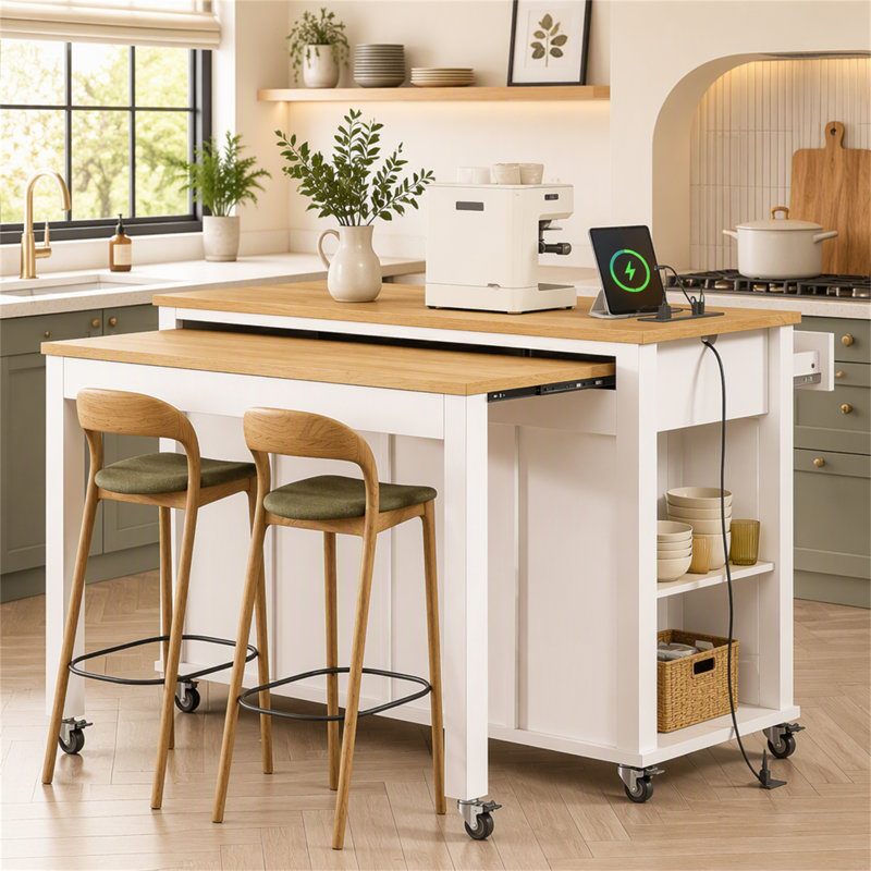 Îlot de cuisine 47 po avec table de salle à manger extensible K&K, table de cuisine en placage de bois d'hévéa avec support de rangement interne, prise de courant, îlot de cuisine avec rangement 2 tiroirs et armoire
