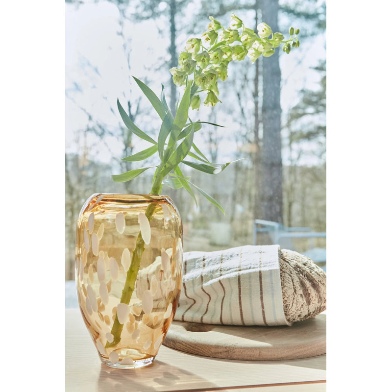 Jali Handcrafted Glass Table Vase, 9.06" H x 5.51" W x 5.51" D, Amber/White