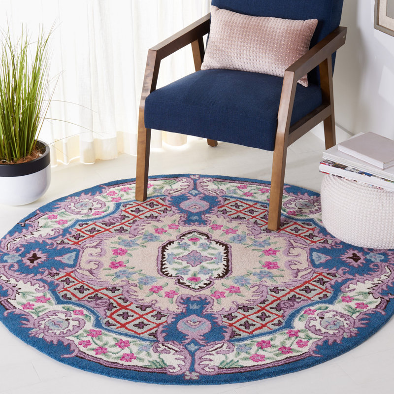 Tapis rose / ivoire en laine touffeté à la main à motif floral Luxembourg, Rond 5 pi