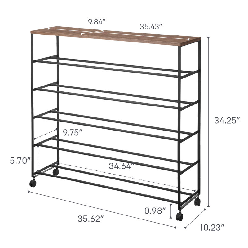 Yamazaki Home Tower Rolling Five-Tier Shoe Rack, Steel Frame With Wooden Top, Space-Saving Shoe Organizer On Wheels, 34" - Steel + Wood -