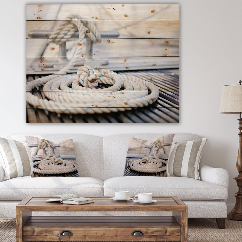 Corde blanche d'amarrage nautique - impression sans cadre sur bois, H 8 po x l 12 po x P 1 po