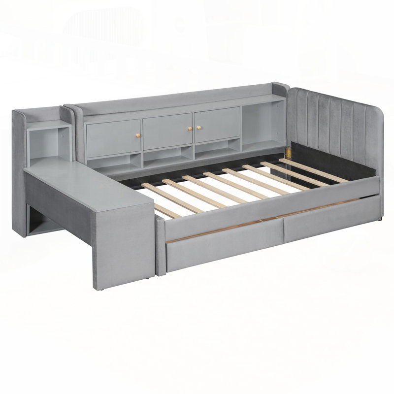 Lit de jour rembourré polyvalent avec plusieurs options de rangement et table d'appoint, gris