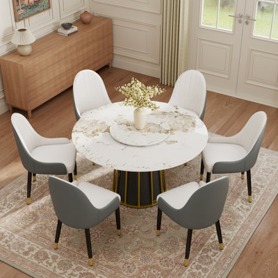 7-Piece 59.05" Modern Round Sintered Stone Lazy Susan Dining Table Set With 6 PU Leather Chair