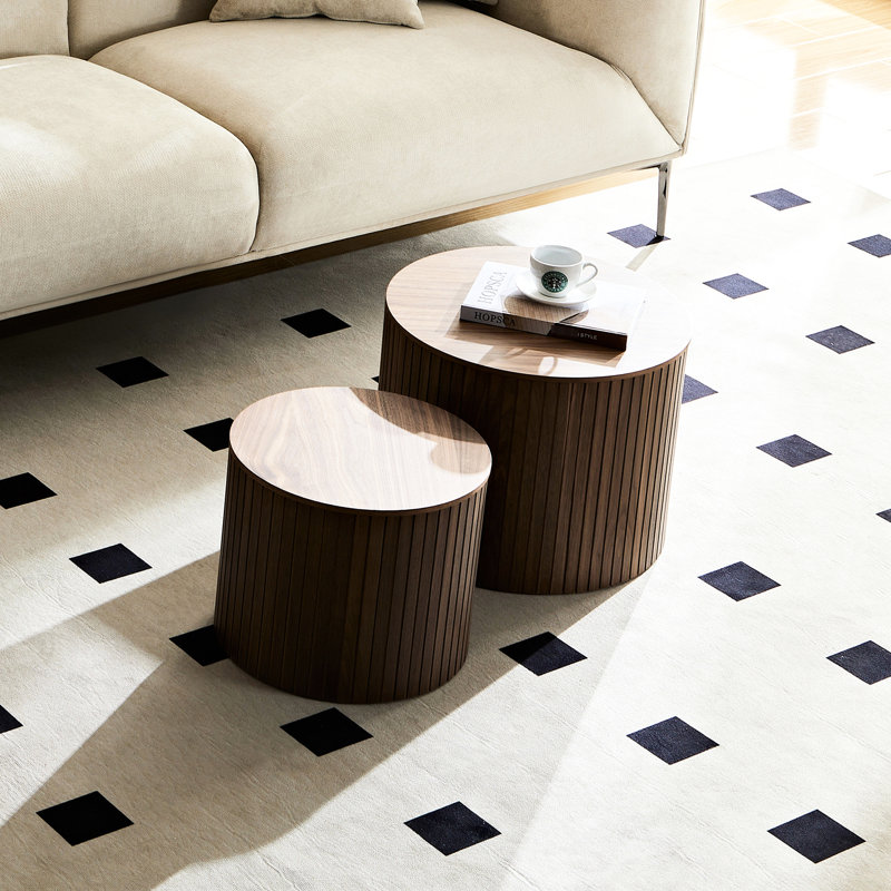 Ensemble de 2 tables gigognes, table basse ronde en noyer, style moderne et élégant pour salon/coin détente.