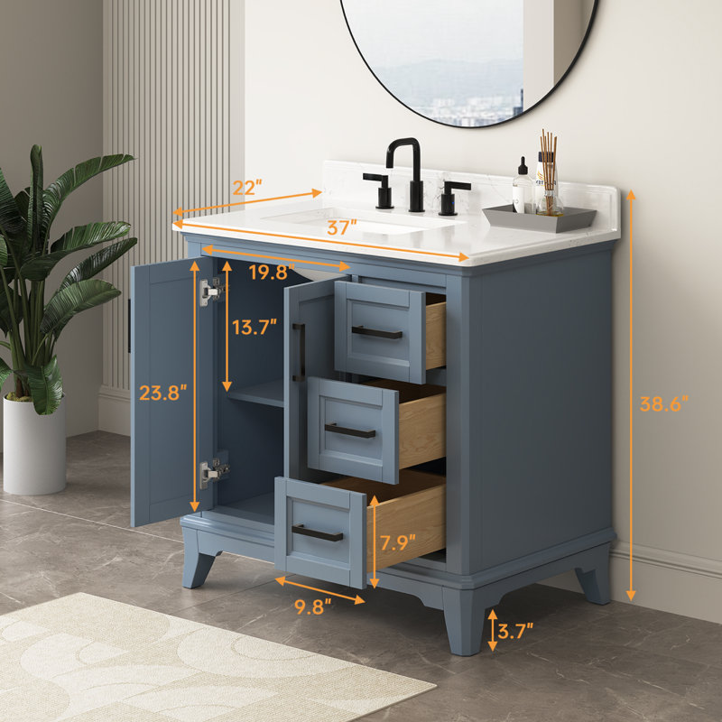 Free Standing Single Bathroom Vanity with Quartz Top, 36"