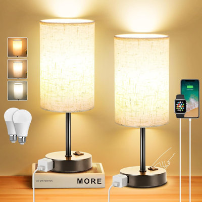 Set Of 2 Dimmable Table Lamps With AC Outlet, 3-Way Rocker Switch, And Linen Fabric Shade For Bedroom, Living Room, And Nightstand Decor