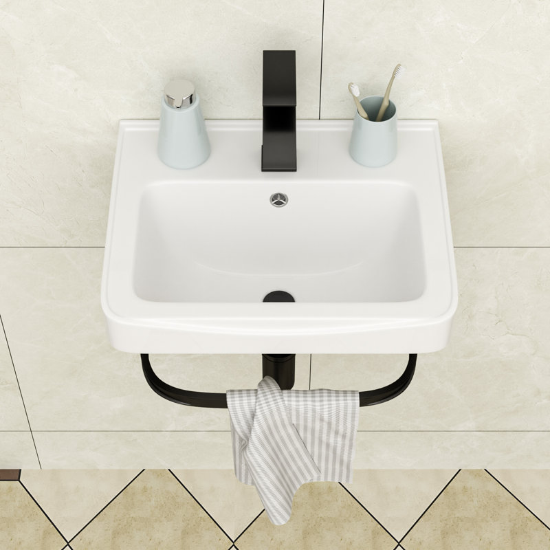 17" L x 14" W Wall Mount Bathroom Sink Wall Hung Rectangle White Ceramic Bathroom Sink with Overflow and Faucet