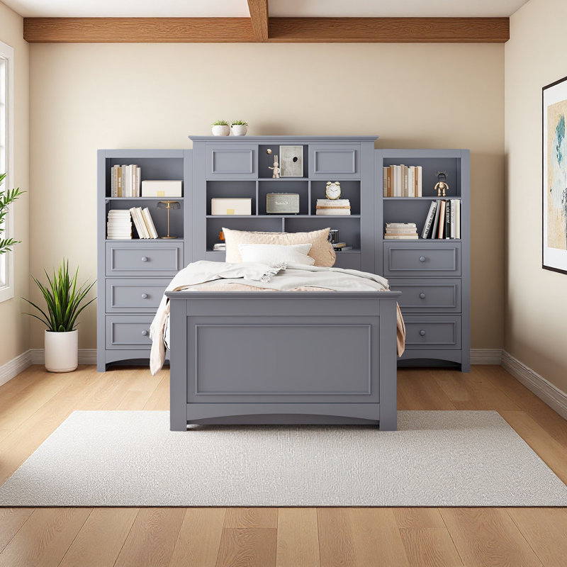 Lit plateforme en bois avec armoire verticale tout-en-un et 4 tiroirs de chaque côté, Gris