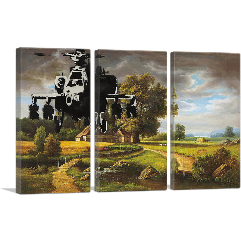 «Apache Helicopters over Farm Field» par Banksy - ensemble de 3 reproductions d'art sur toiles tendues