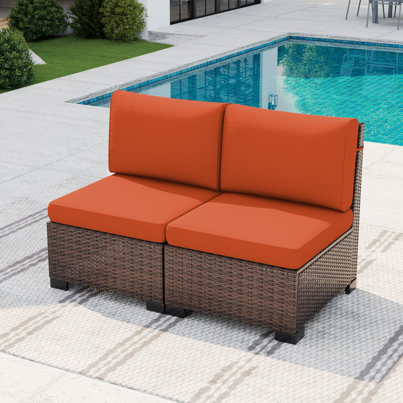 Ensemble de conversation d'extérieur sans accoudoirs pour 2 personnes avec coussins, Orange