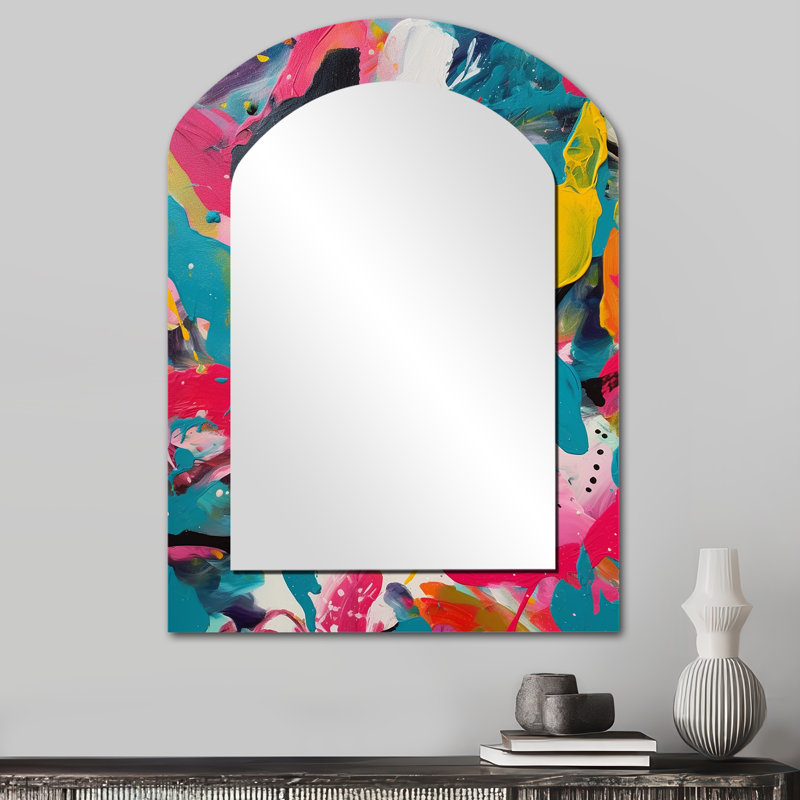 Rose et turquoise abstrait Enigma III - miroir mural asymétrique abstrait, miroir arqué moderne, impression sur métal