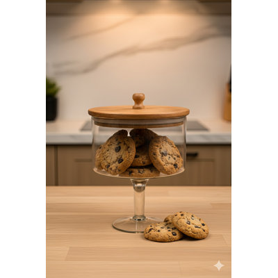 Sm. Pot en verre à piédestal avec plateau en bois