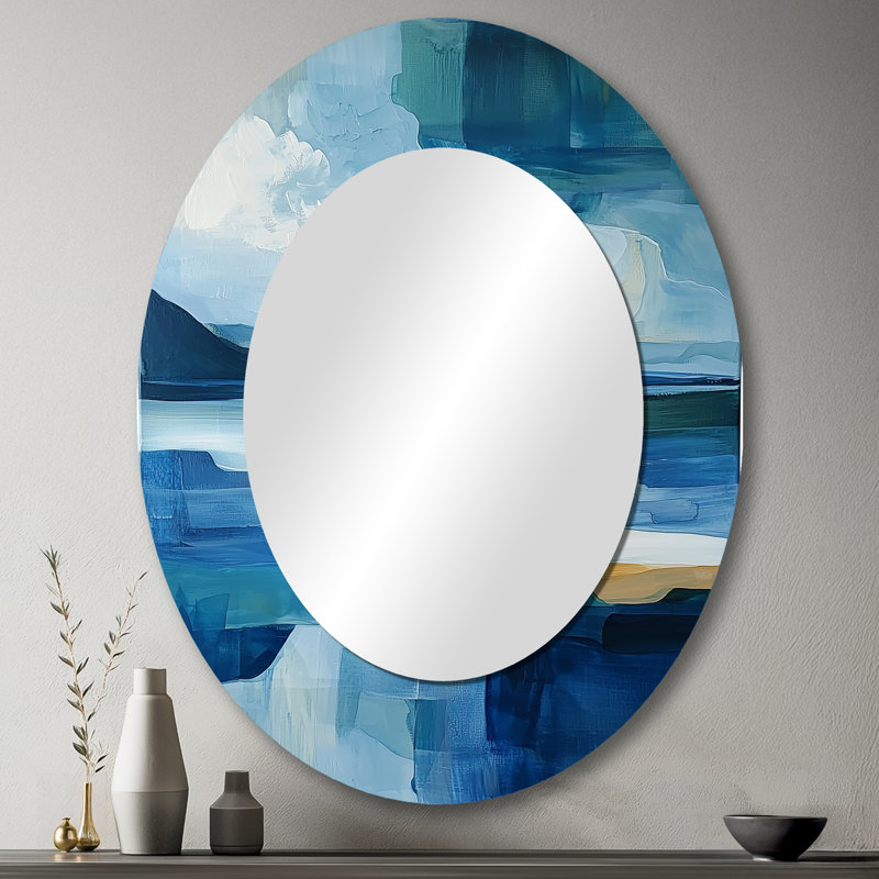 Grand miroir mural ovale bleu et éthéré côtier Horizon III, 43 po x 33 po