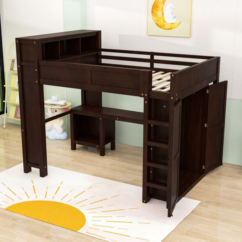 Grand lit mezzanine en bois avec garde-robe intégré, bureau, tablettes et station de charge, Brun
