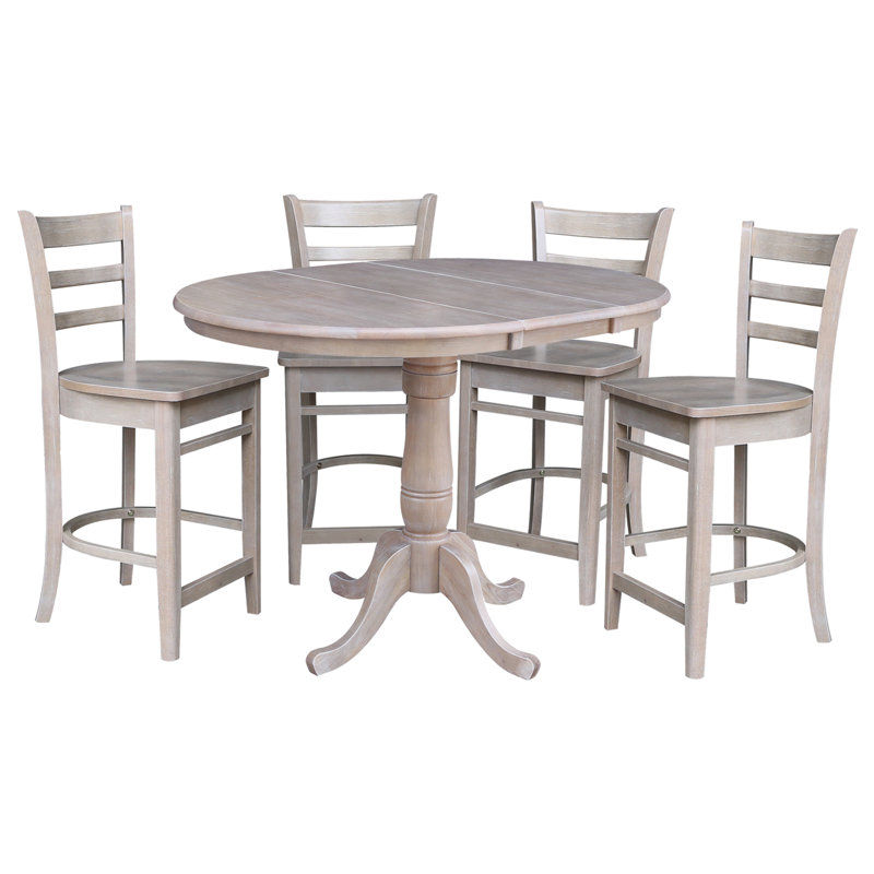 Counter Height Extendable Solid Wood Dining Set, Washed Gray Taupe, 5 Pieces