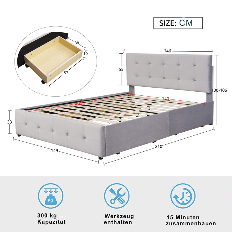 Rowyn Bed, Grau