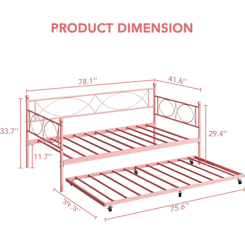 Metal Twin Daybed with Trundle, Steel Frame Space-Saving Sofa Bed for Bedroom, Guest Room, or Office, Pink