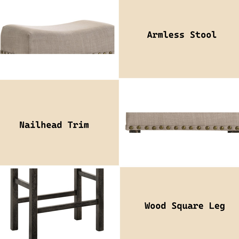 Tabourets de comptoir 2 - Lin brun clair avec option d'espace de finition gris et siège de tablier en bois